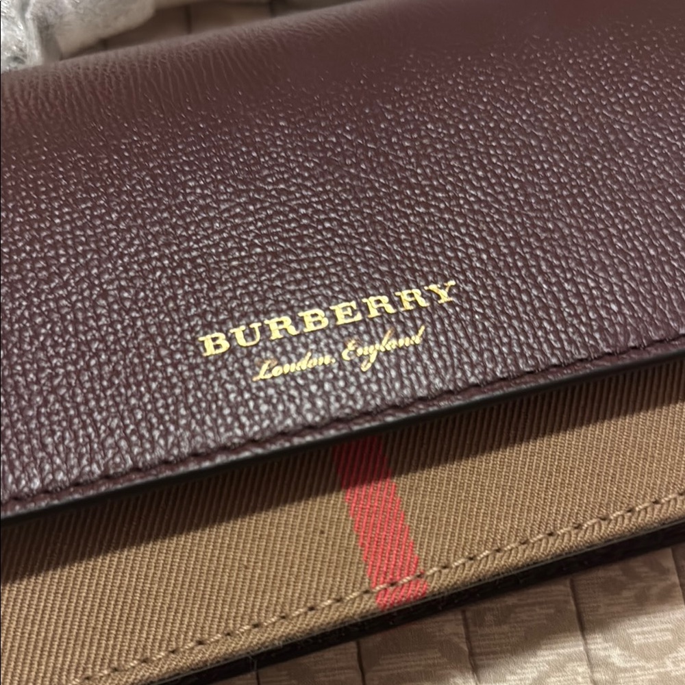 Burberry Burgundy Leather & Vintage Check Mini Crossbody - Picture 2 of 13